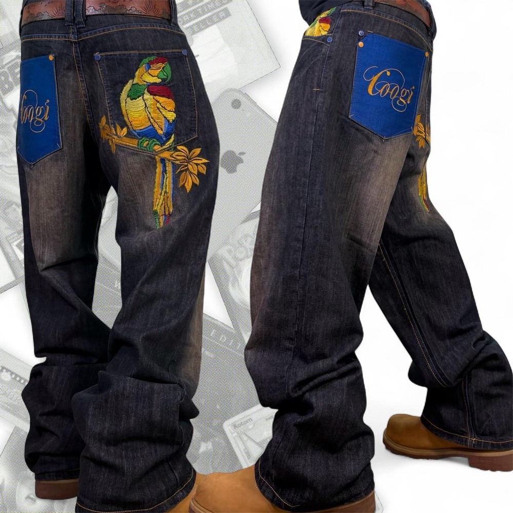 Coogi Vintage Y2K Baggy Wide Leg Skater Parrot Rainbow Embroidered Jeans 36x34